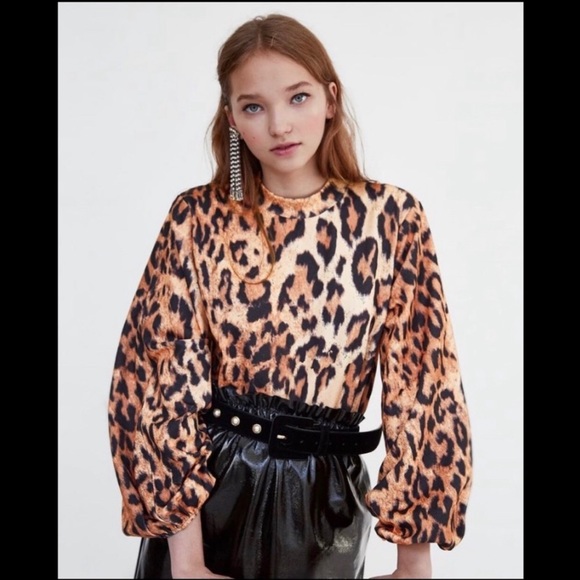 NWT Zara cheetah print blouse with bubble sleeves - Picture 1 of 8